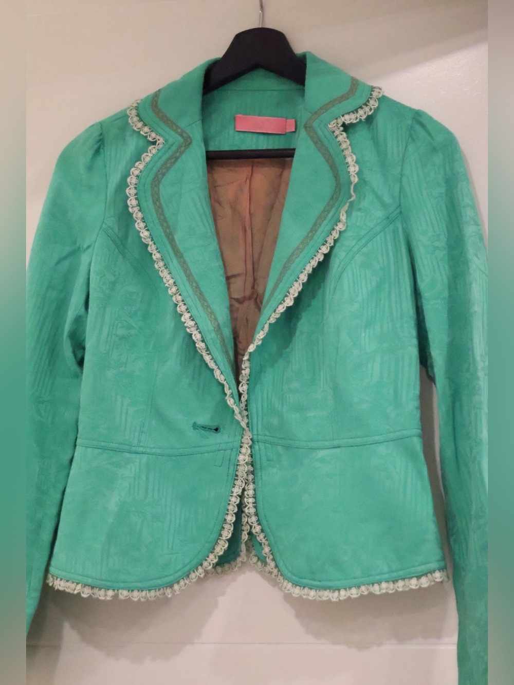 Vintage Y2K Turquoise Jacquard Lace Trim Blazer Jacket Bow Back
